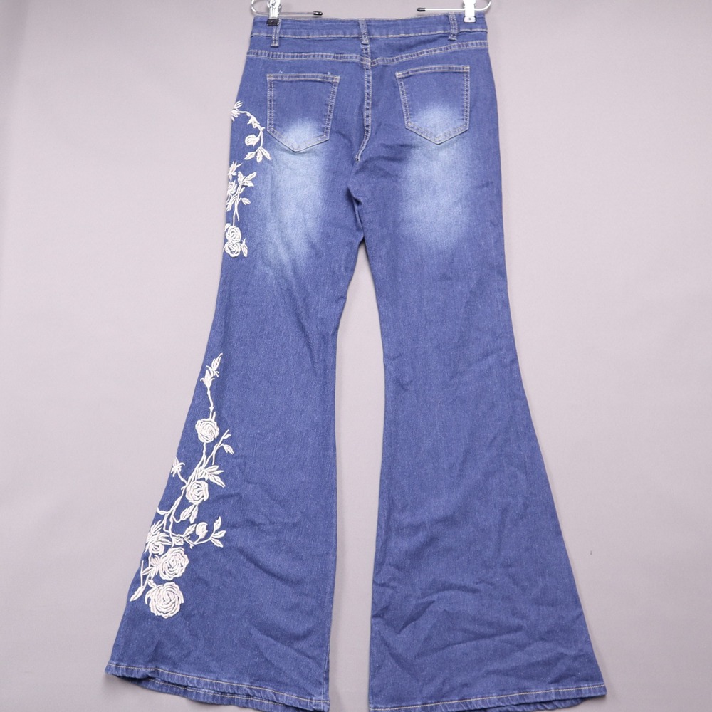 Floral Embroidered Bell Bottom Flare Jeans Medium Wash Blue Rose Denim L - Picture 6 of 8